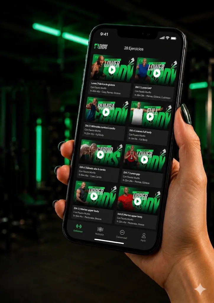 App TurboSteps en iPhone — librería de entrenamientos con Fausto Murillo y su equipo